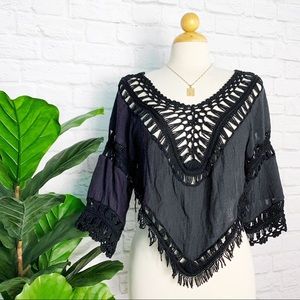 BTQ boho macrame raw hem blouse